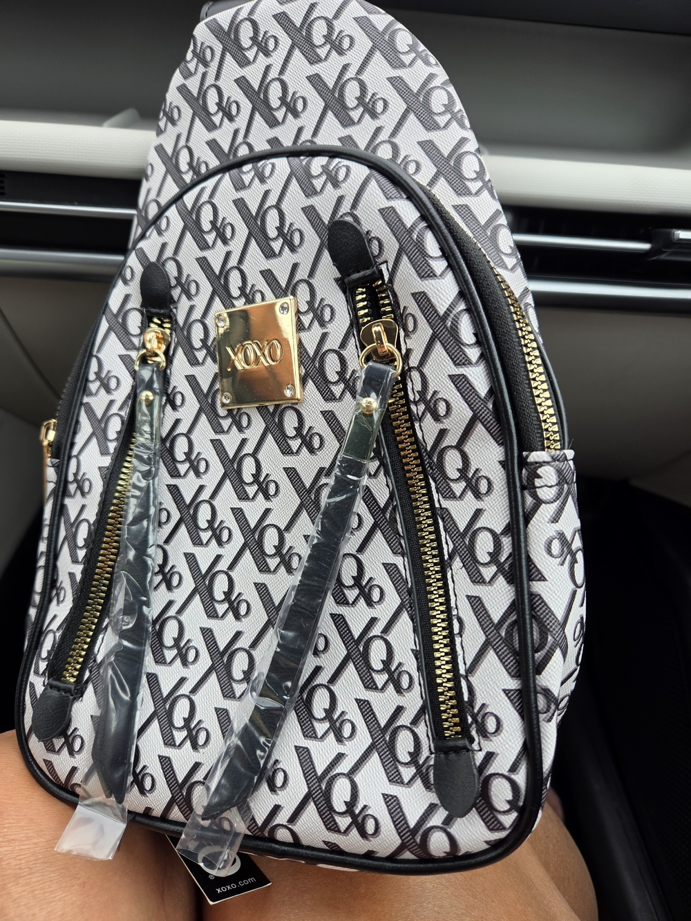 XOXO White & Black Logo Pattern Mini Backpack with Gold Hardware